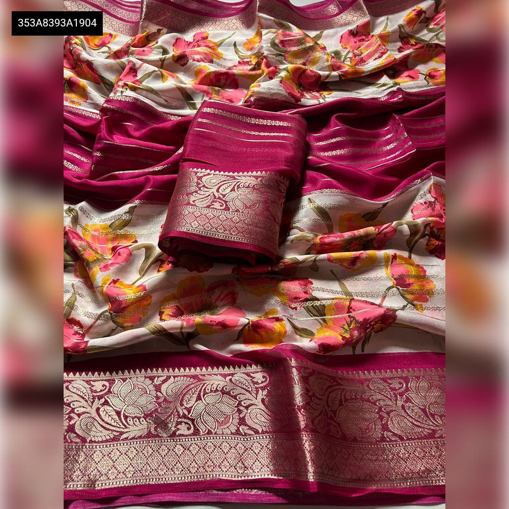 TRENDBUY Floral Khadi Georgette Saree spread out with matching running blouse and Kanchi Zari Border.