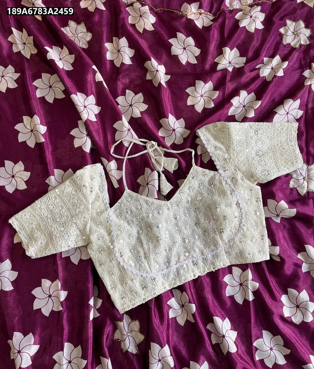 TRENDBUY Plum Chinnon Silk Saree with white floral print, Khatli work blouse, flat lay