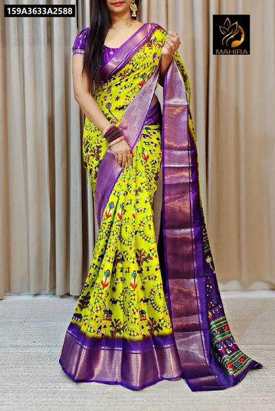 Buy Chartreuse & Purple Floral Print Dola Silk Saree for Women - Festive & Ethnic Wear Online