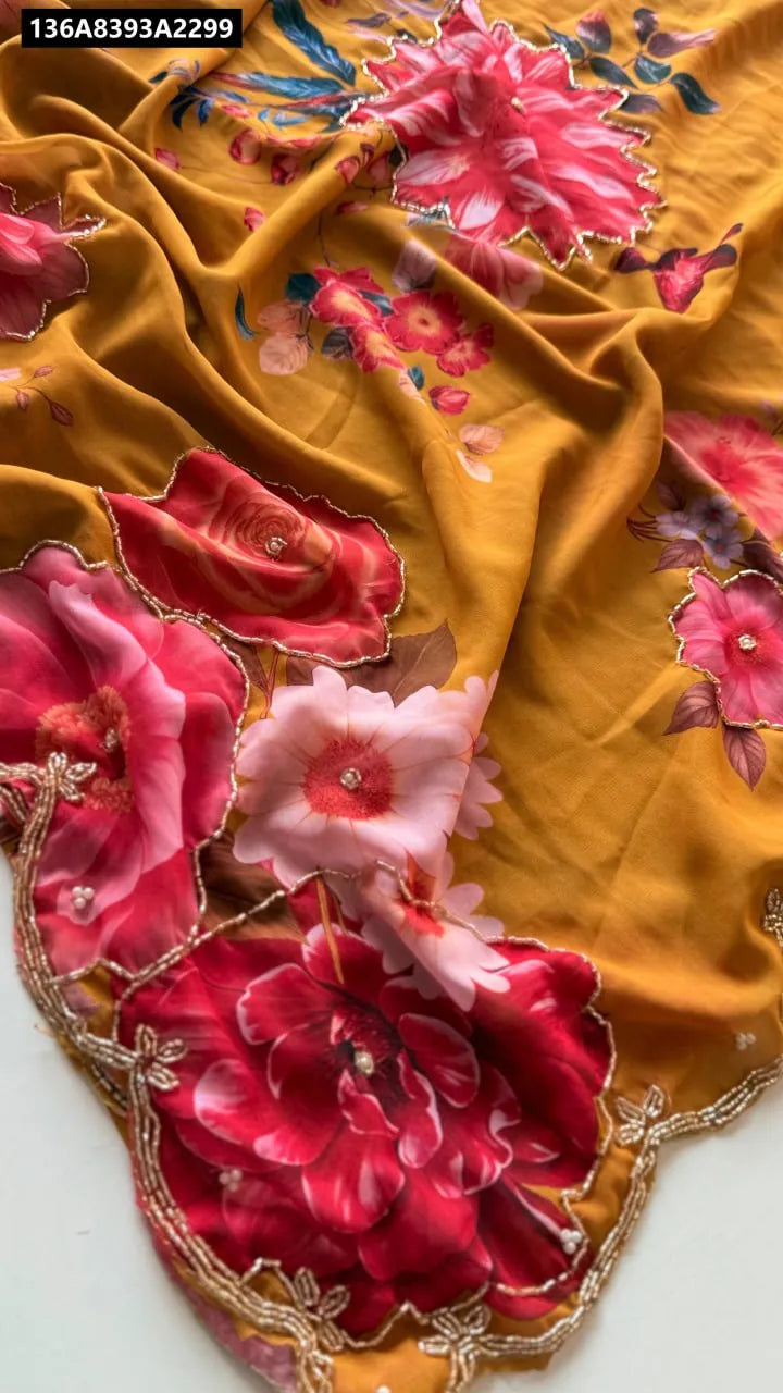 TRENDBUY Floral Georgette Saree in Mustard with intricate handwork and pearl detailing
