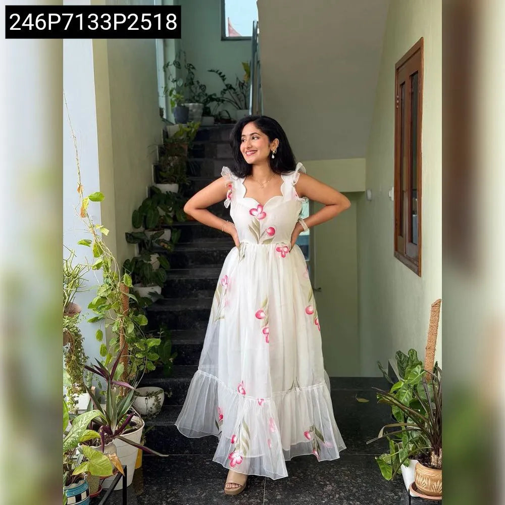 TRENDBUY Floral Print Maxi Gown for Women, front view on model, party wear