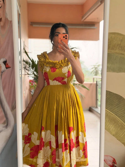 Floral Print Muslin Cotton Midi Gown for Women | Festive Party Wear
