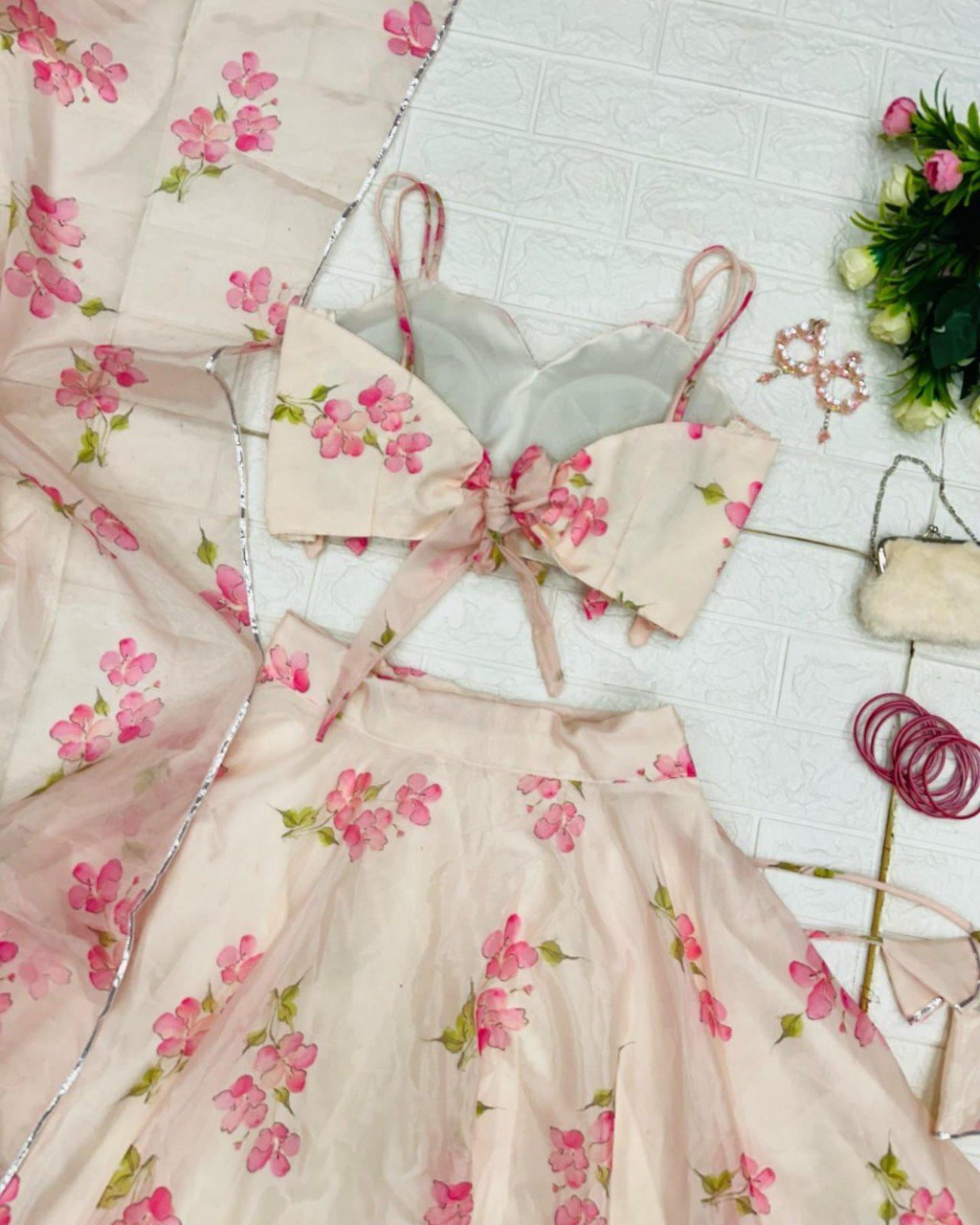 TRENDBUY Floral Print Organza Lehenga Set with Blouse and Dupatta