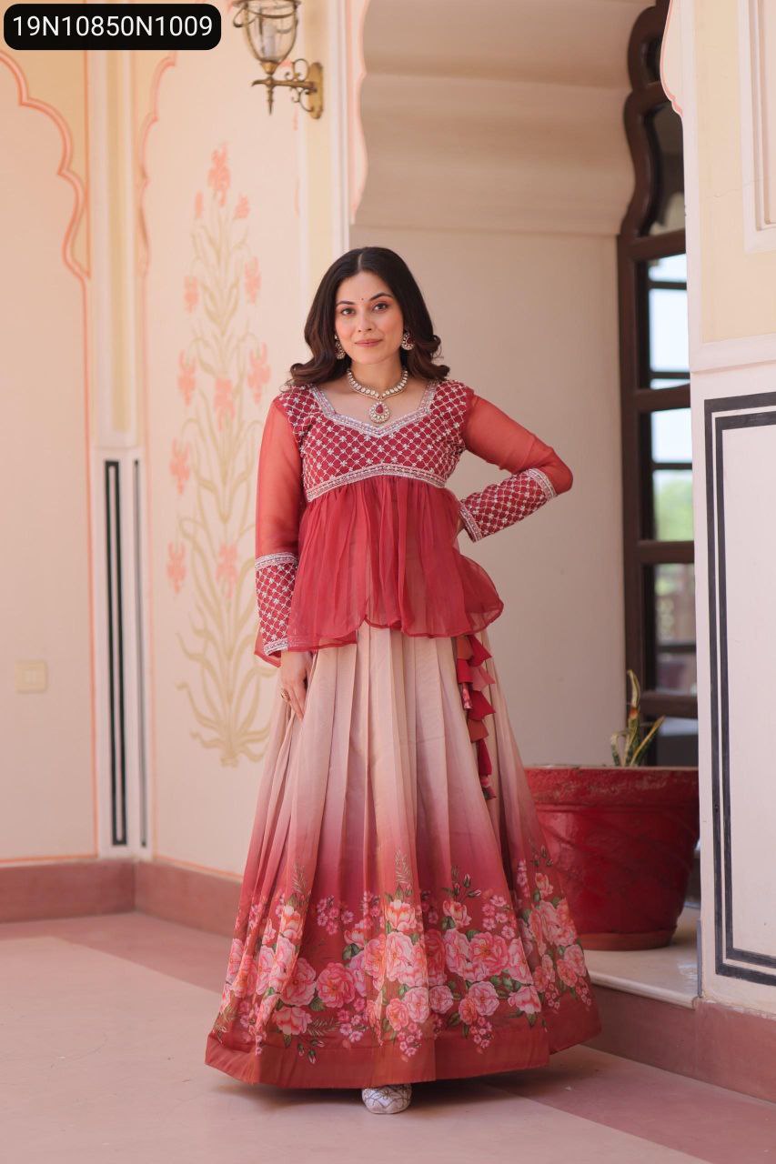 Model wearing Gajri floral print peplum lehenga choli, full body front view.