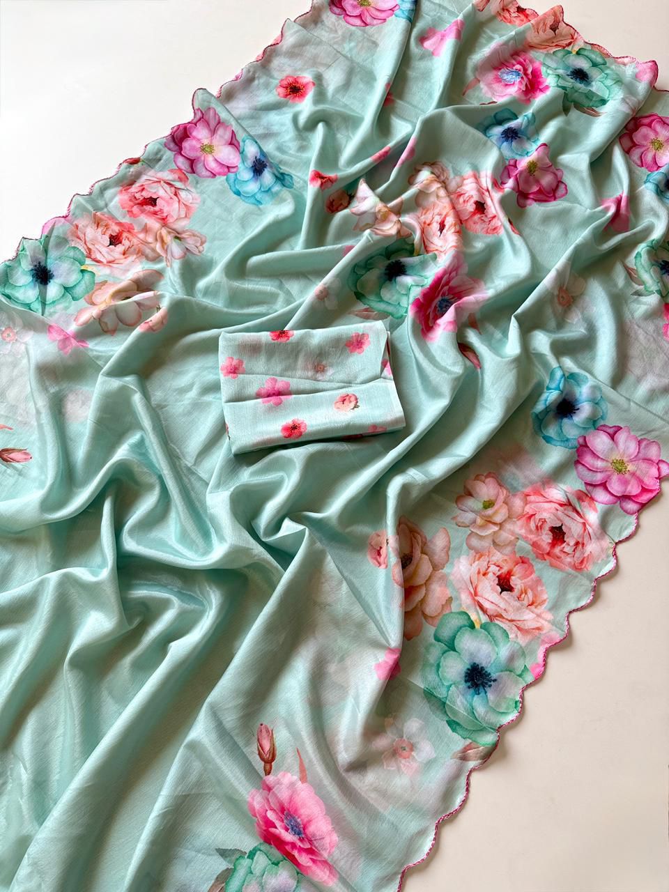 TRENDBUY Mint Floral Shinon Saree with cutwork border and matching blouse piece