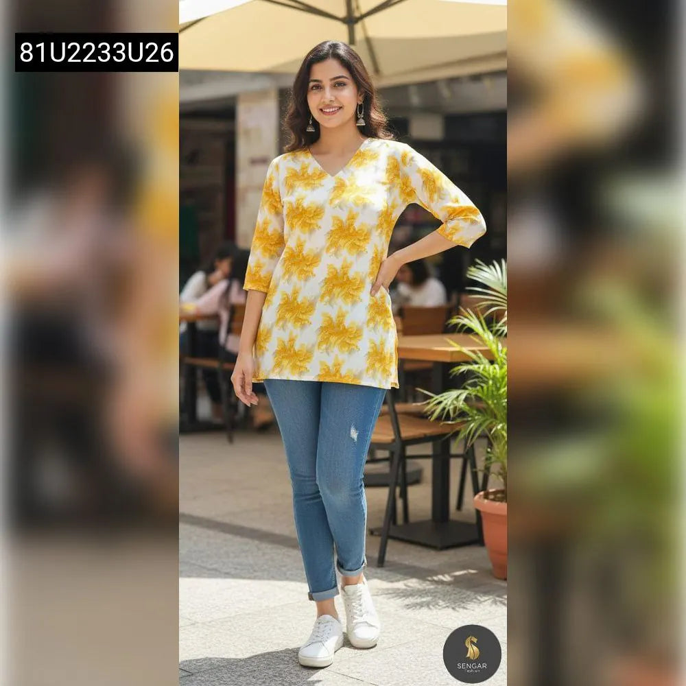 TRENDBUY women's yellow floral print short kurti top, front view