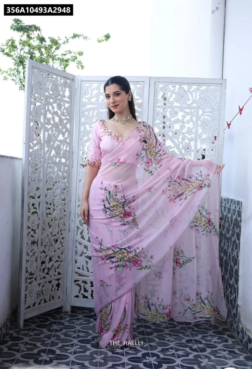 TRENDBUY Pink floral print Tebby silk saree with model in full view