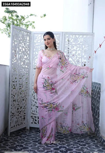 Buy Floral Print Tebby Silk Saree for Women | Festive Ethnic Wear Online | Peach, White, Pink