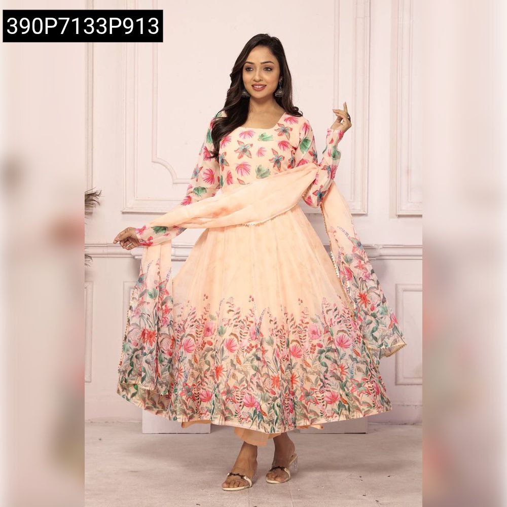 Full body shot of model posing gracefully in floral print Tebby silk Anarkali suit, front view.