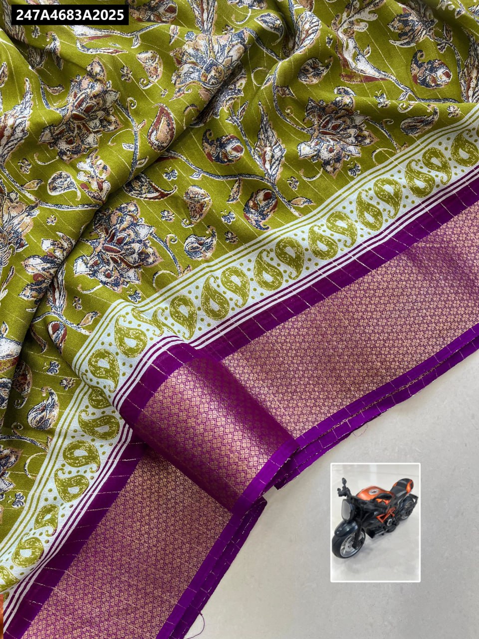 Olive Green Floral Print Viscose Georgette Saree with Purple Border