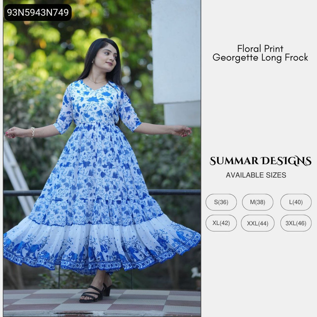 Woman posing in a blue and white floral printed georgette kurti dress, showcasing available sizes.