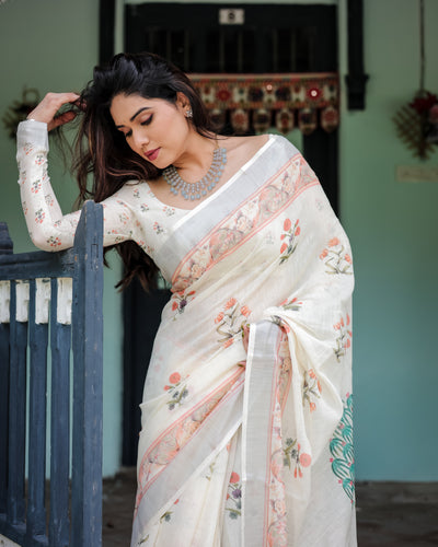 Floral Printed Pure Linen Women's Saree | Festive & Everyday Elegance