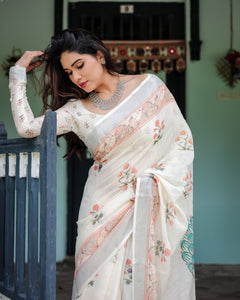 Floral Printed Pure Linen Women's Saree | Festive & Everyday Elegance