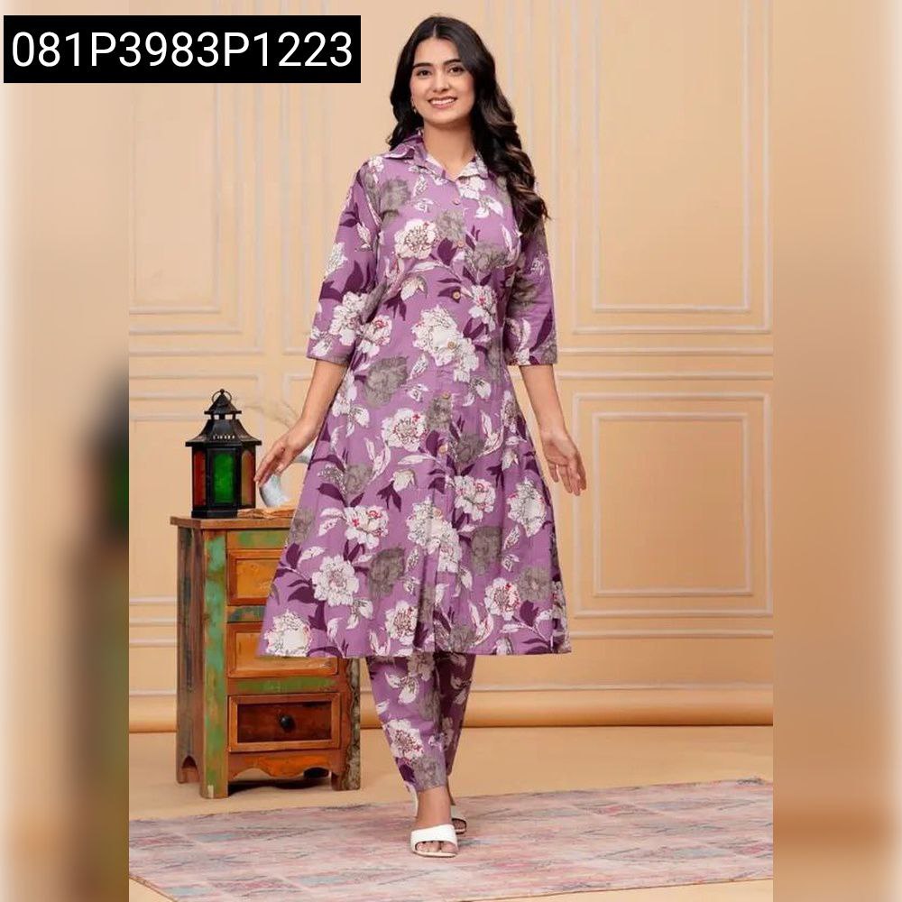 Smiling woman wearing Lavender Floral Printed Rayon-Cotton Kurta Pant Set, full body shot