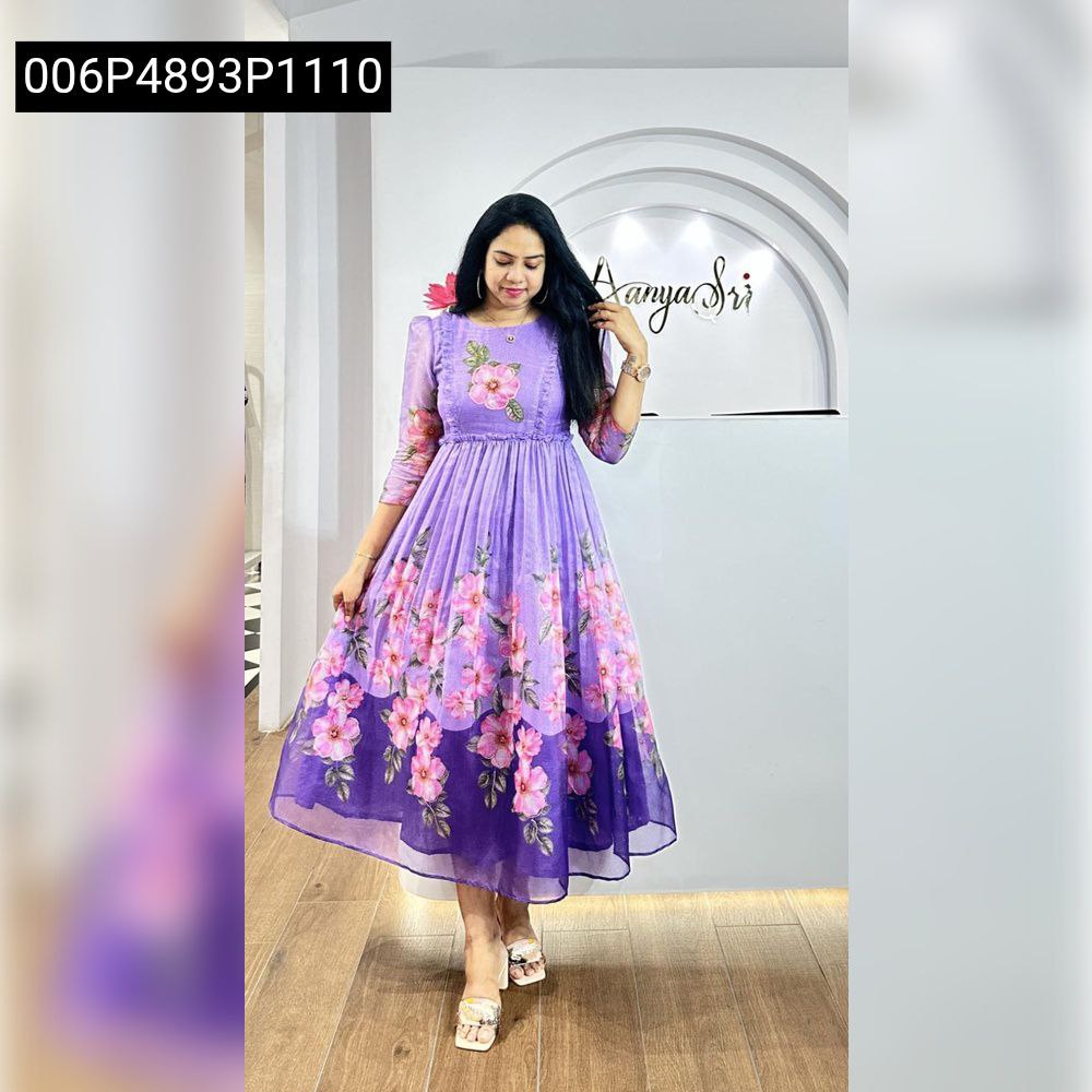 Elegant Lavender Floral Printed Women's Maxi Dress on model