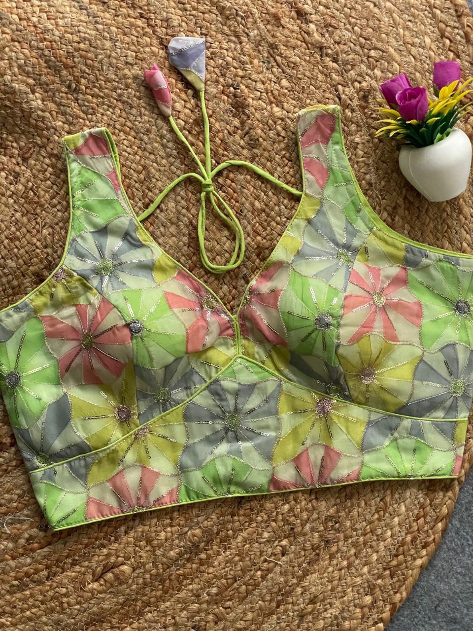 TRENDBUY Lime Green Multi Floral Sequined Crepe Blouse, Back Open
