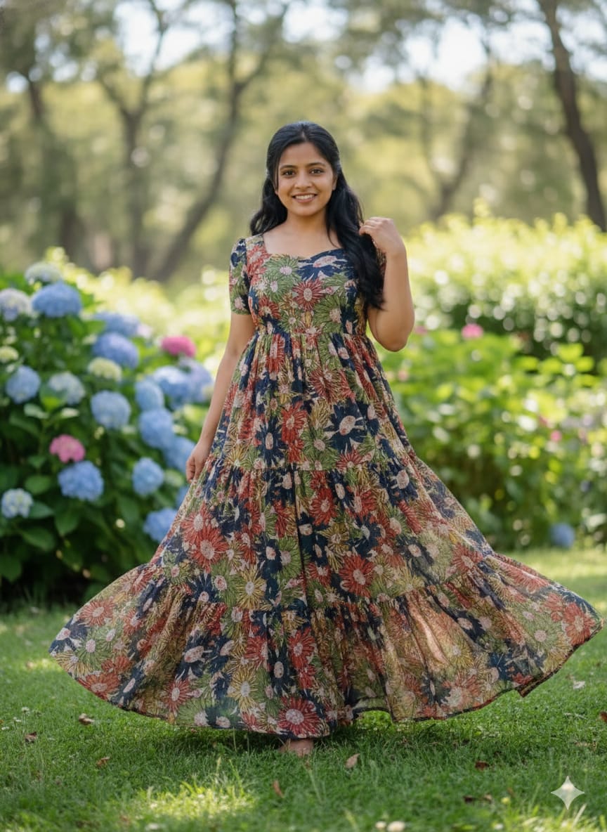Woman wearing the Malarika Floral Tiered Maxi Dress, posing gracefully in a lush green garden.