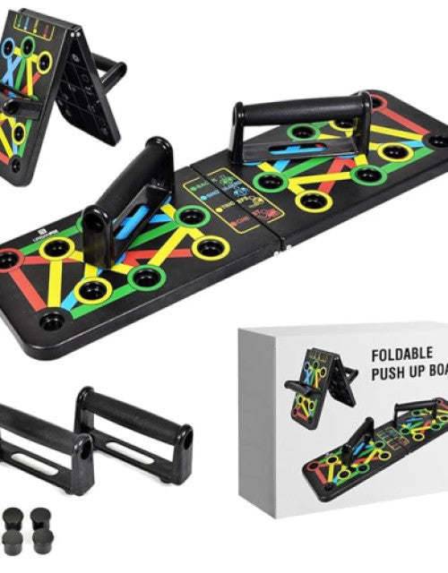 Foldable push up board for exercise, featuring color-coded grip positions for targeted muscle workouts.