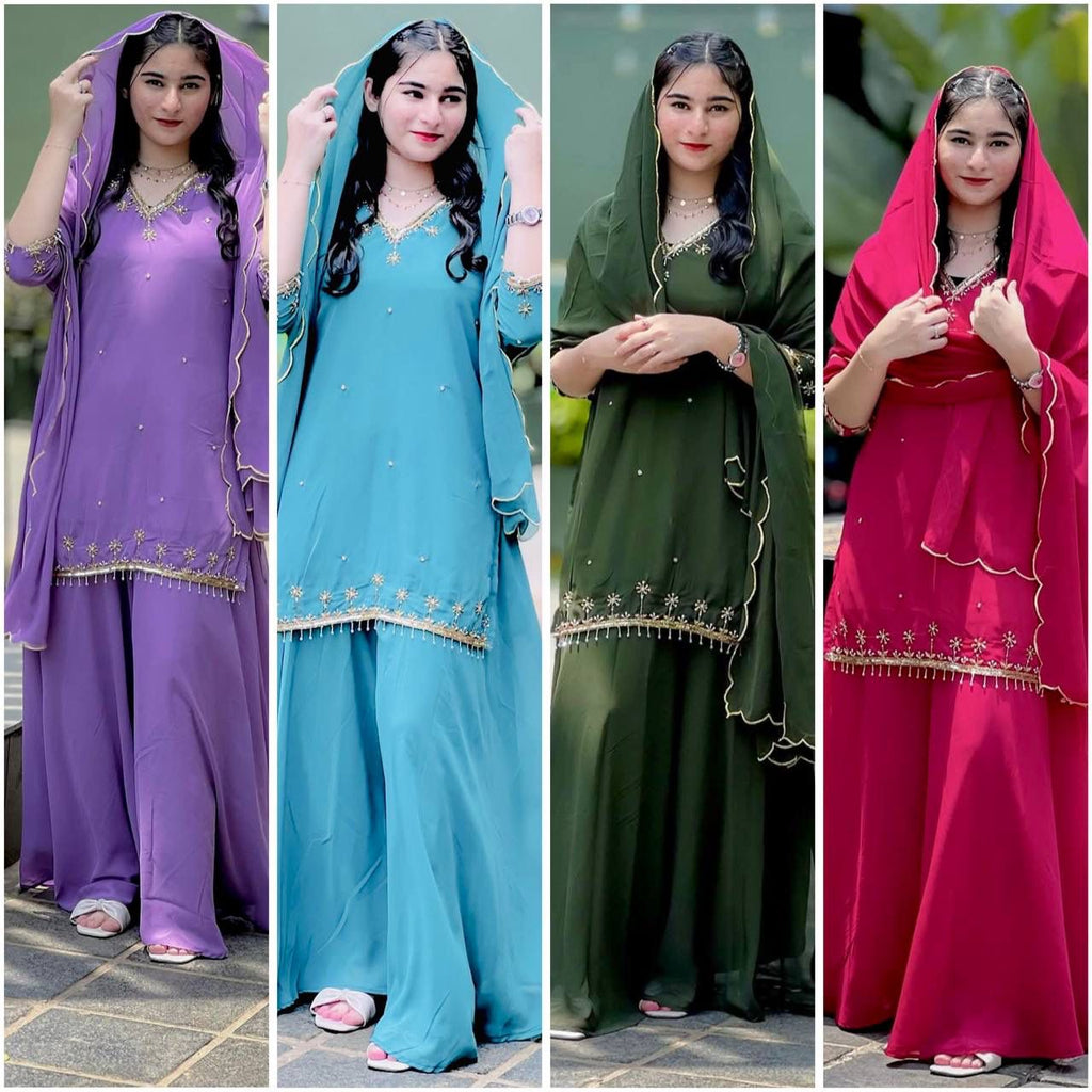 Model wearing a Lavender Fox Georgette Sharara Set with embroidery and dupatta, posing outdoors.