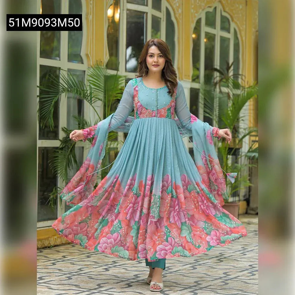 TRENDBUY Fox Georgette Floral Print Gown Set - Model showcasing the full gown set, front-facing