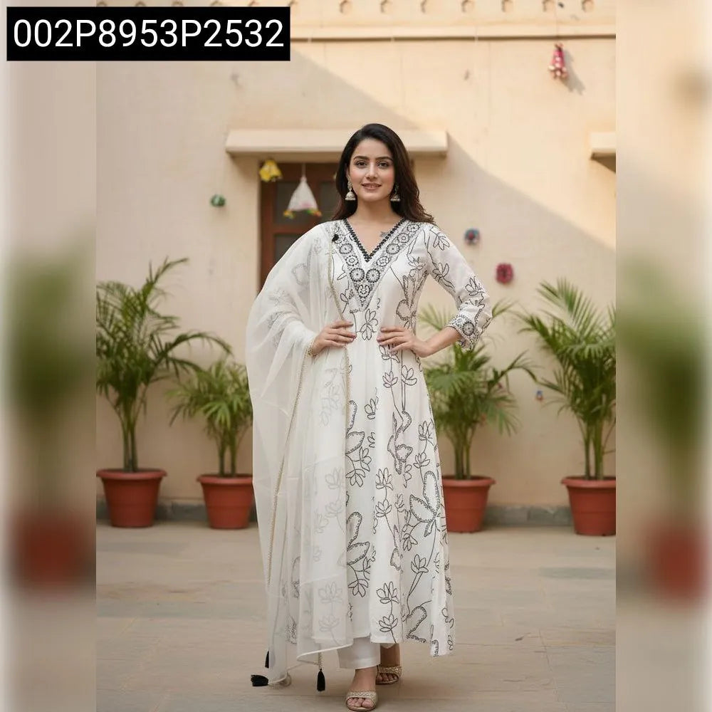 TRENDBUY French Crepe Embroidered V-Neck Kurta Set for women, front view, smiling model