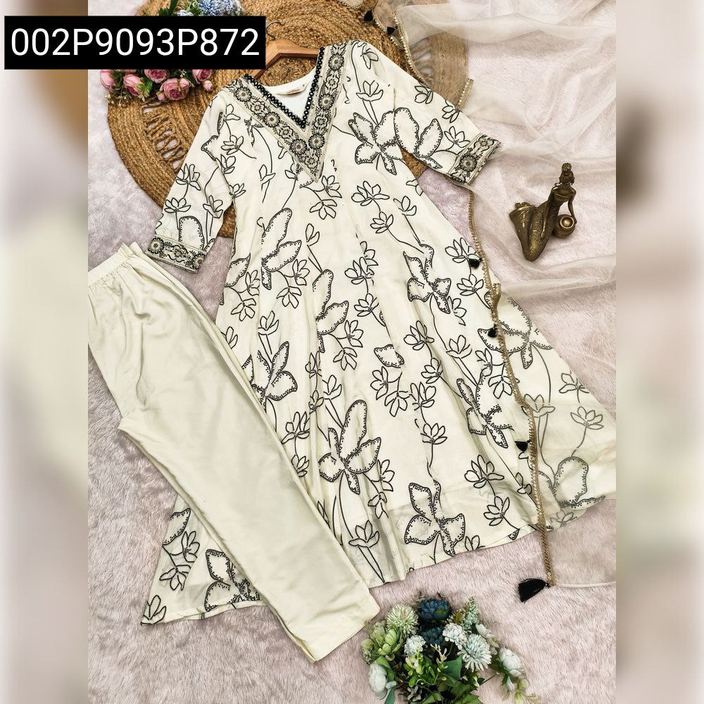 Full flat lay of Off-White French Crepe V-Neck Embroidered Kurti Set with Organza Dupatta