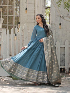 Full Sleeves Sequins Embroidered Faux Georgette Gown with Dupatta | Elegant V-Neck Gown with Latkan Jhumka Border