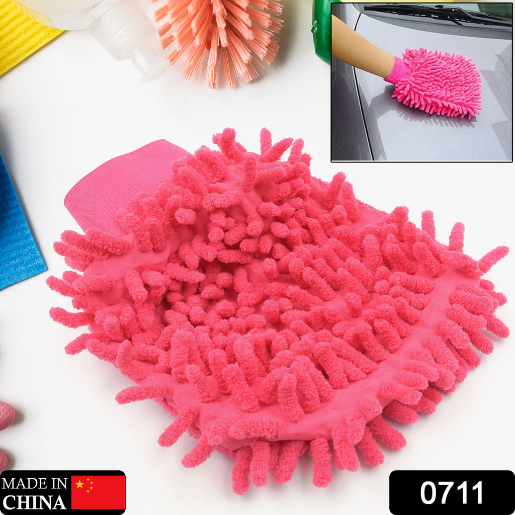 Hand wearing blue 711 double sided microfiber cleaning glove duster