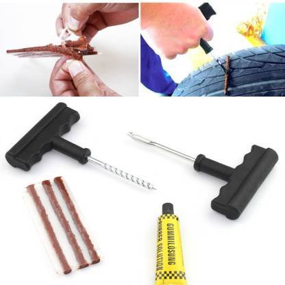 1513 Puncture Repair Kit Tubeless Tyre Full Set With Nose Pliers Rubber Cement And Extra Strips For Cars Bikes - TREND BUY