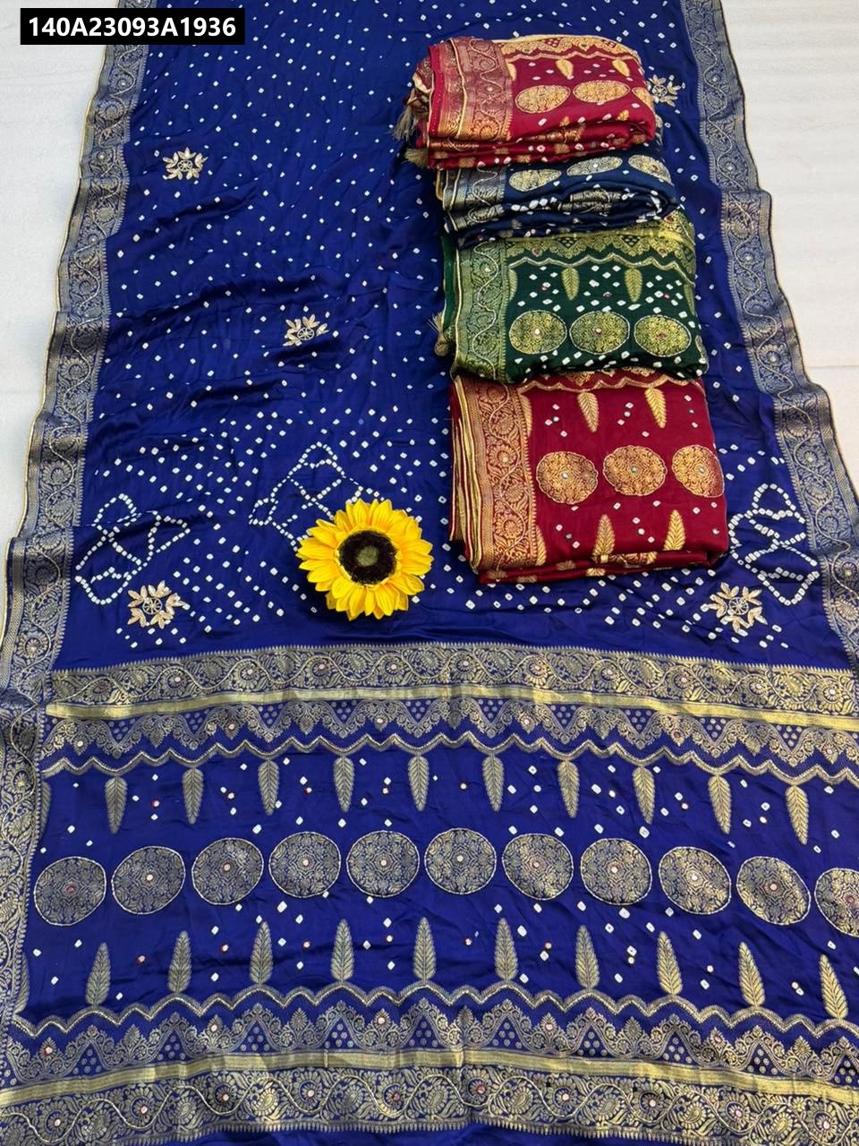 TRENDBUY Blue Gaji Silk Original Bandhani Saree with Gota Pati Hand Work (Flat Lay)
