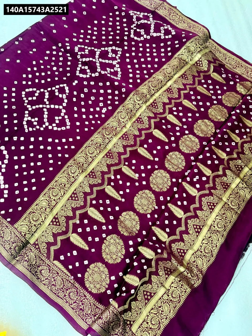 Royal Purple Gajji Bandhej Silk Saree with classic Bandhej patterns and striking golden Zari border, a TRENDBUY exclusive
