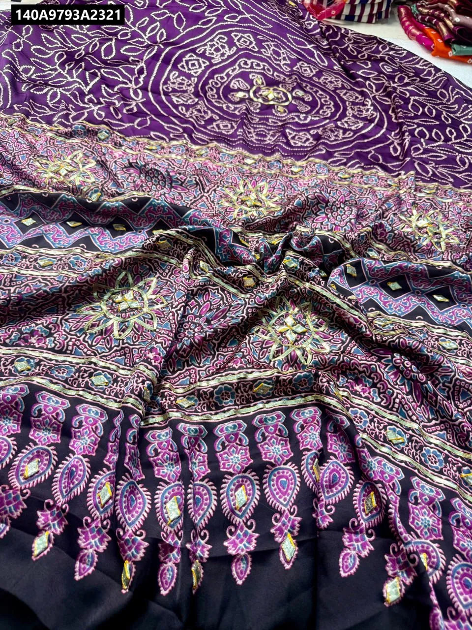 TRENDBUY Gajji Bandhej Silk Saree in Purple with Jaipuri Gota Work