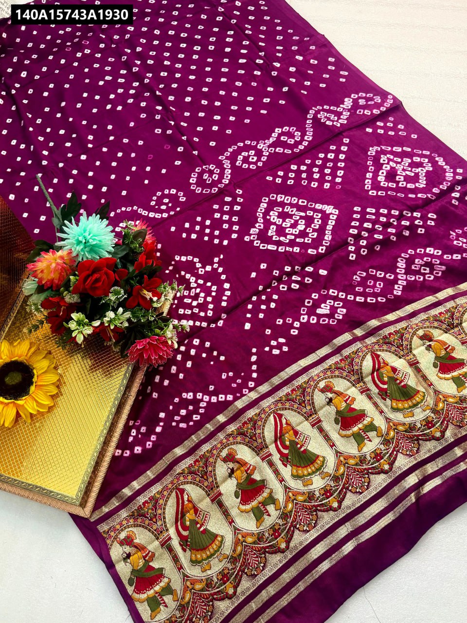 Deep Plum Gajji Silk Bandhani Saree with Nakshi Pata pallu, flat lay by TRENDBUY