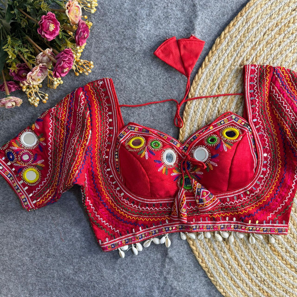 Red Gamthi Embroidered Blouse with mirror work and shell lace, front view