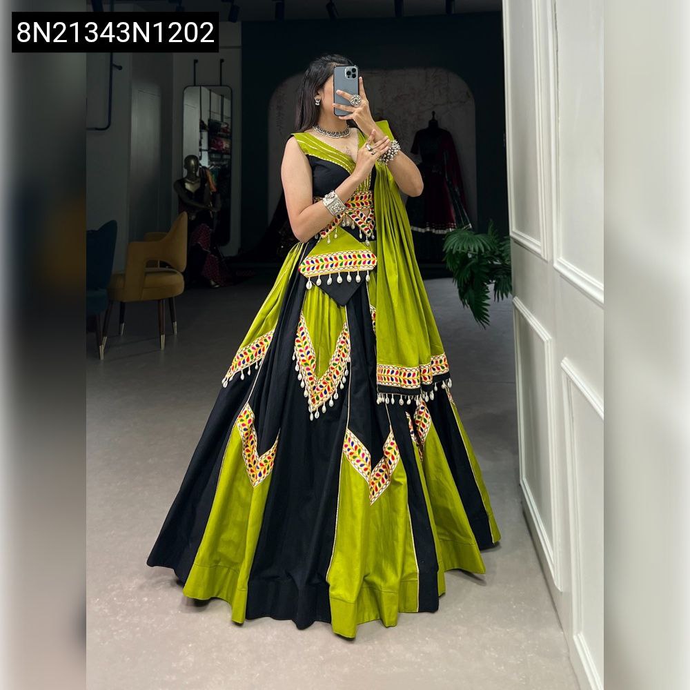 TRENDBUY Women's Black and Lime Green Gamthi Work Cotton Lehenga Choli with Cowrie Lace, Front View