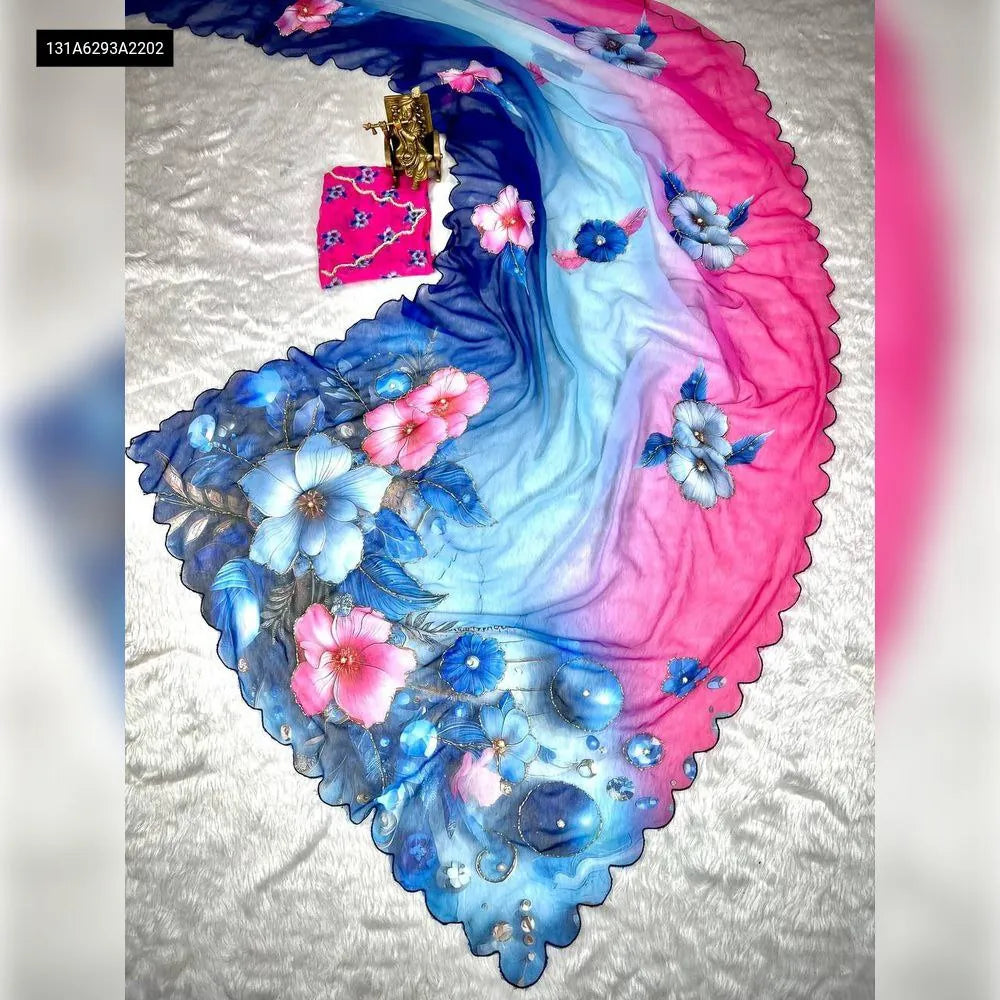TRENDBUY Ombre Pink-Blue Pure Georgette Digital Print Saree with Handwork and matching blouse