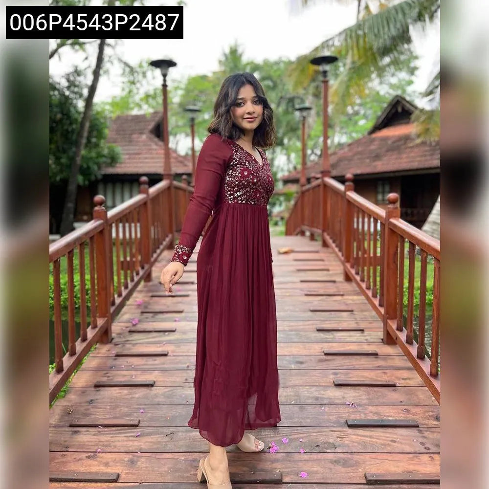 Premium Maroon Blooming Georgette Embroidered Anarkali Gown for Festive Weddings