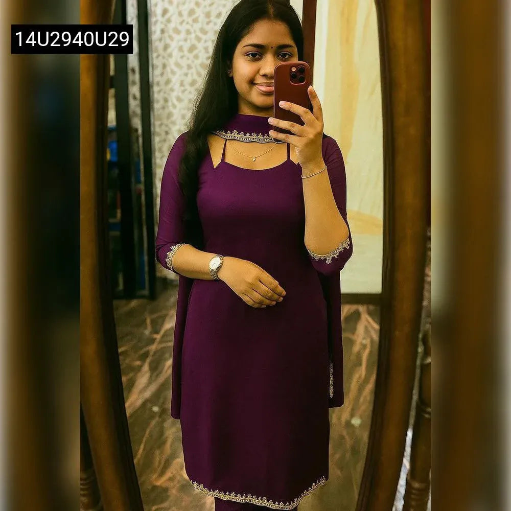Model in Plum Georgette Kurti Dupatta Set full body mirror selfie