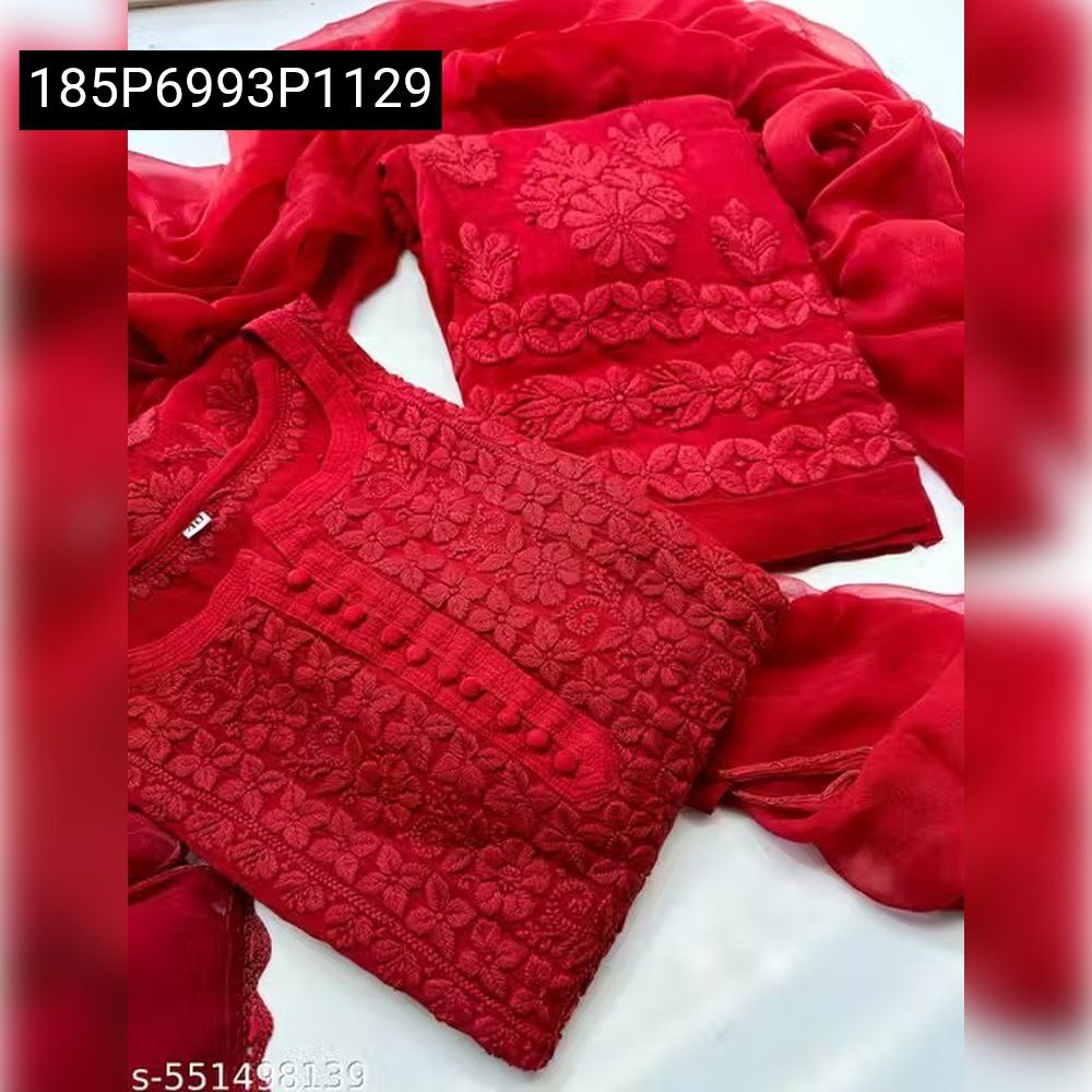 Elegant red georgette embroidered suit top with matching dupatta, showcasing intricate design
