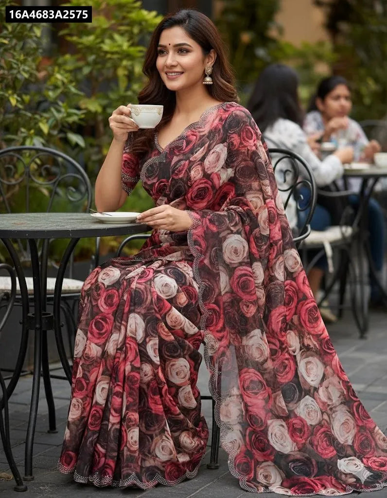 Model wearing TRENDBUY Crimson Rose Georgette Floral Saree, perfect for festive occasions.