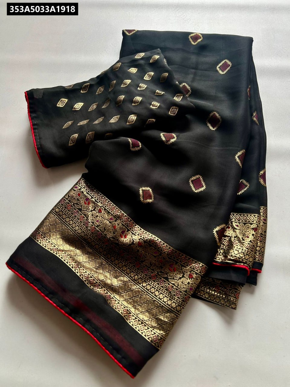 Black Bamber Viscose Georgette Saree with Gold Foil Print and matching blouse piece - Flat lay view