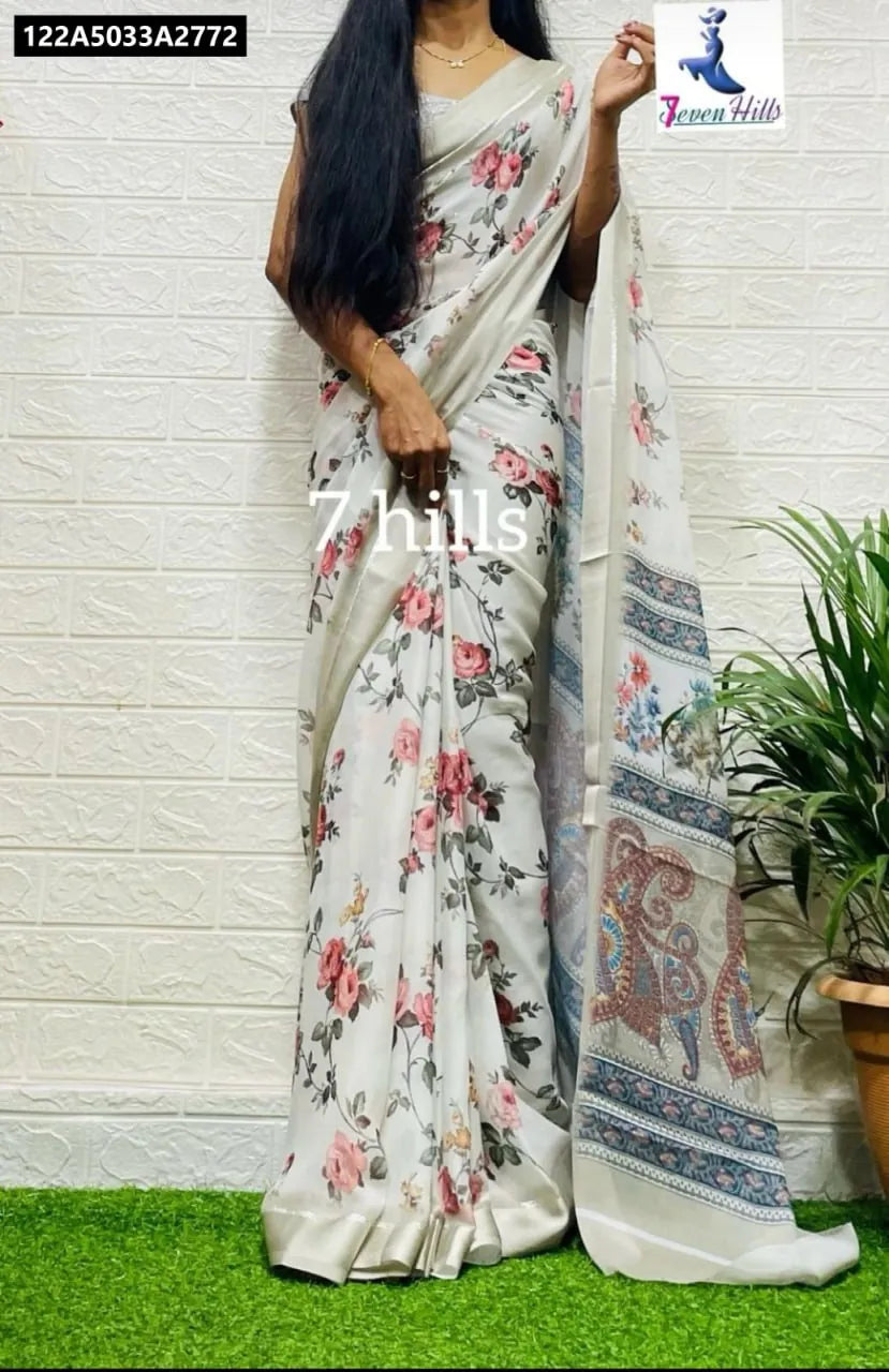 TRENDBUY Cream Georgette Kalamkari Floral Saree with Satin Border, front view