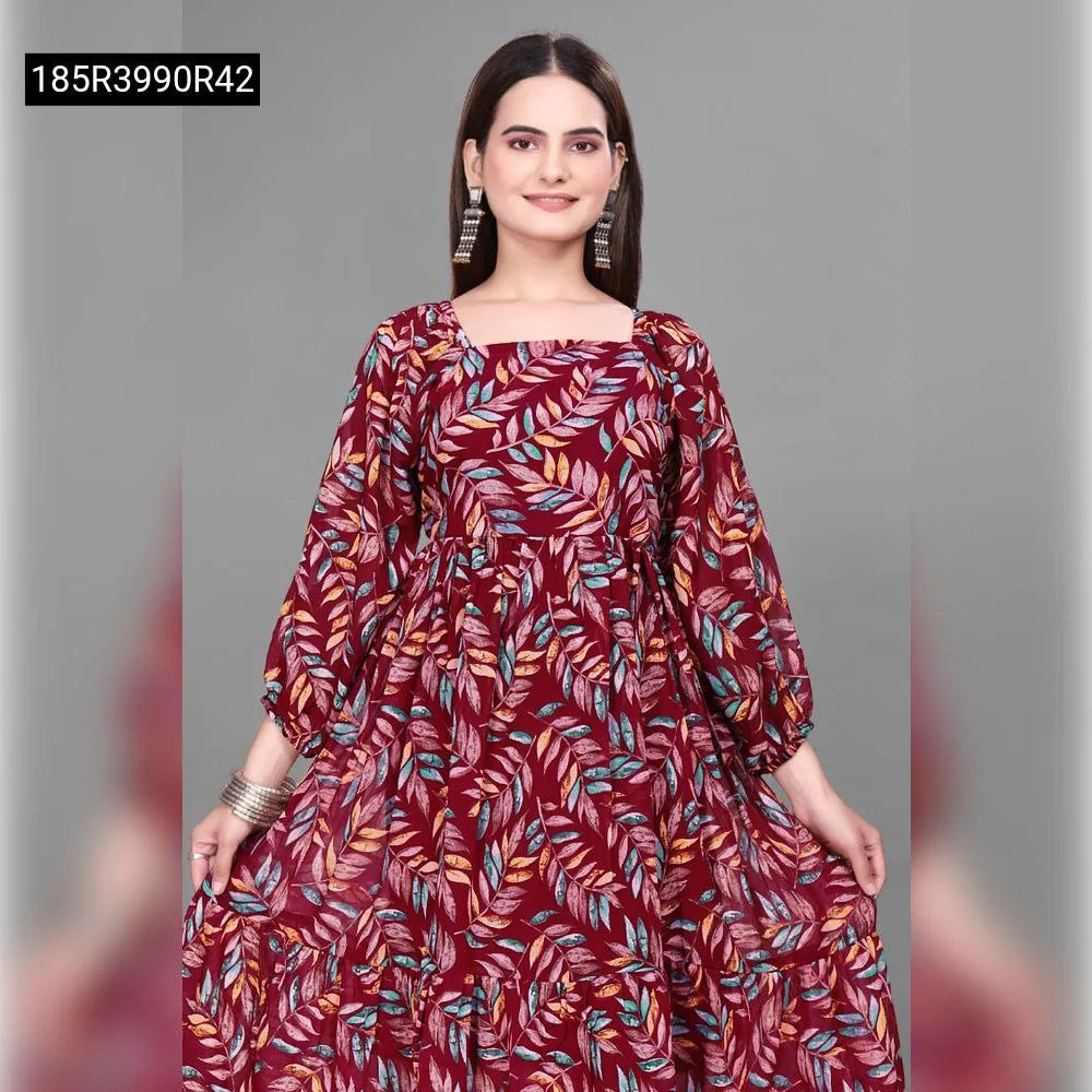 Georgette Leaf Print Maxi Dress for Women Party Wear