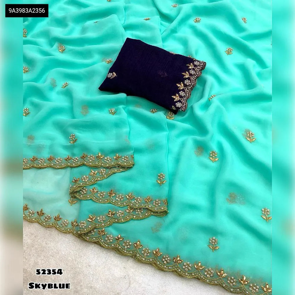 TRENDBUY Sky Blue Georgette Saree with multi embroidery work and contrast blouse