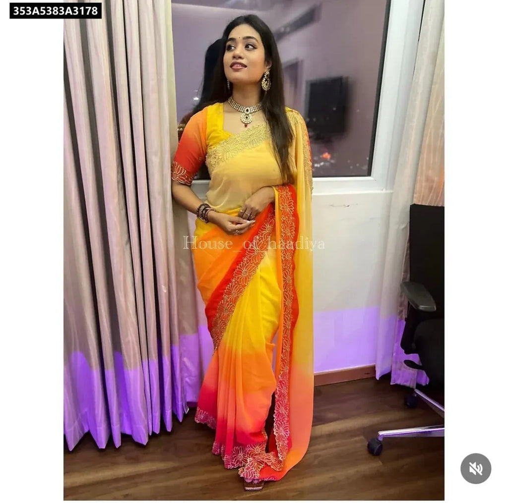 Front view of model wearing TRENDBUY Sunrise Glow Ombre Georgette Saree, perfect for weddings
