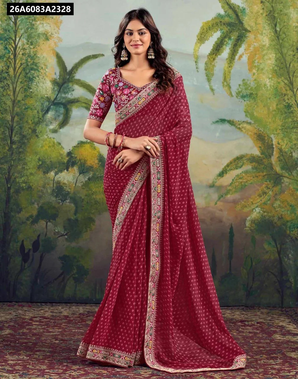 TRENDBUY Maroon Georgette Saree with intricate bandhani print and embroidered border, draped elegantly on a model.