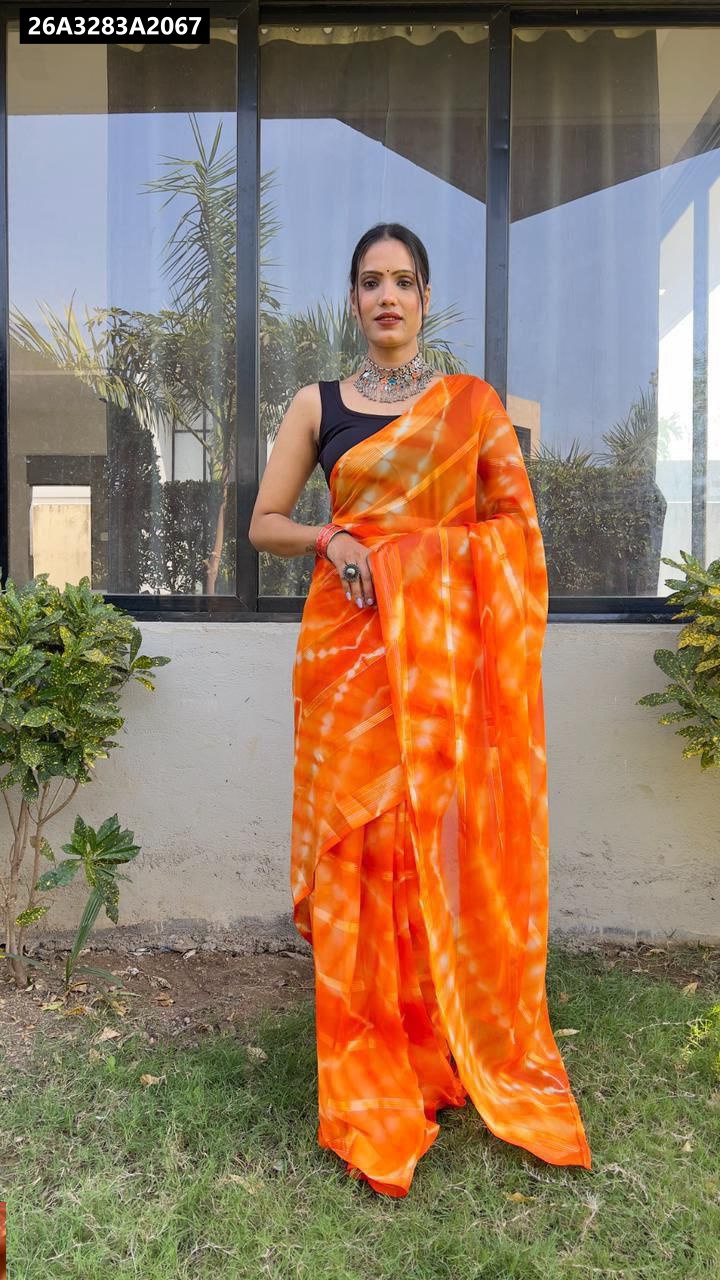 TRENDBUY Orange Tie-Dye Georgette Ready-to-Wear Saree, full body front view on model.