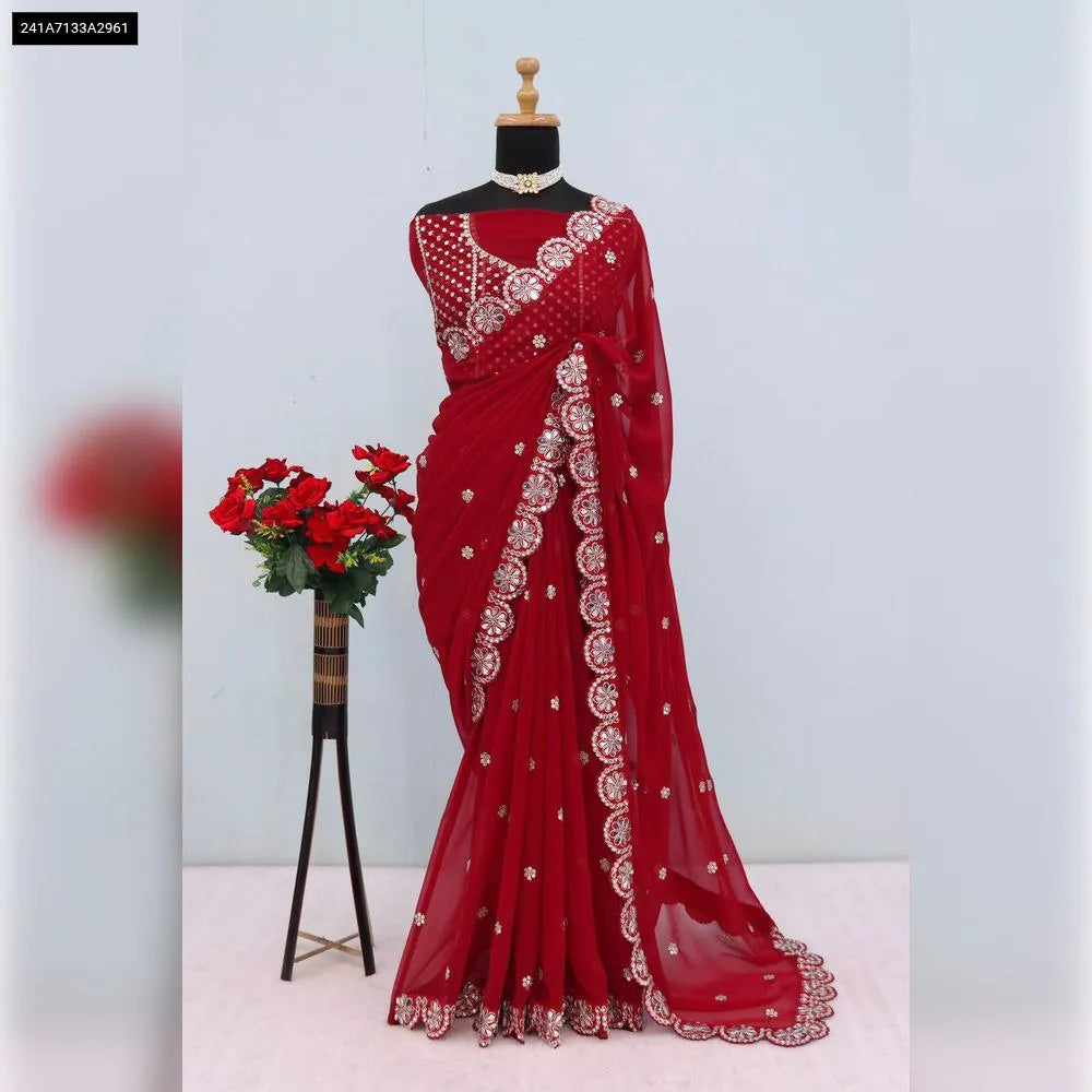 Full-length view of TRENDBUY Georgette Sequence Mirror Work Saree draped on a mannequin, showcasing the full design.