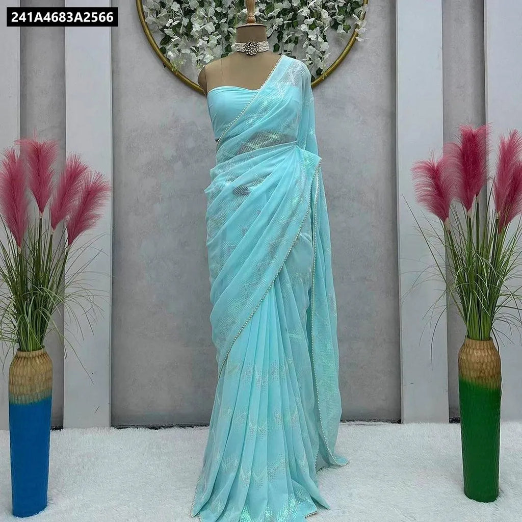 TRENDBUY Aqua Blue Georgette Saree with All-Over Sequence Work & Lace Border on Mannequin