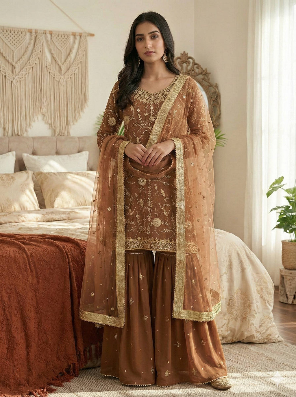 Woman in Golden Brown Georgette Sharara Suit, smiling and adjusting dupatta, showing the grace of the ensemble.